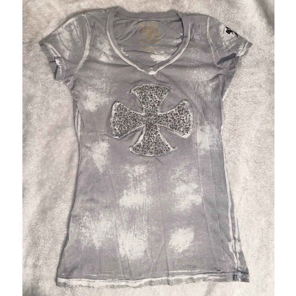 Velvet Stone gray rhinestone cross t-shirt small - Picture 1 of 7